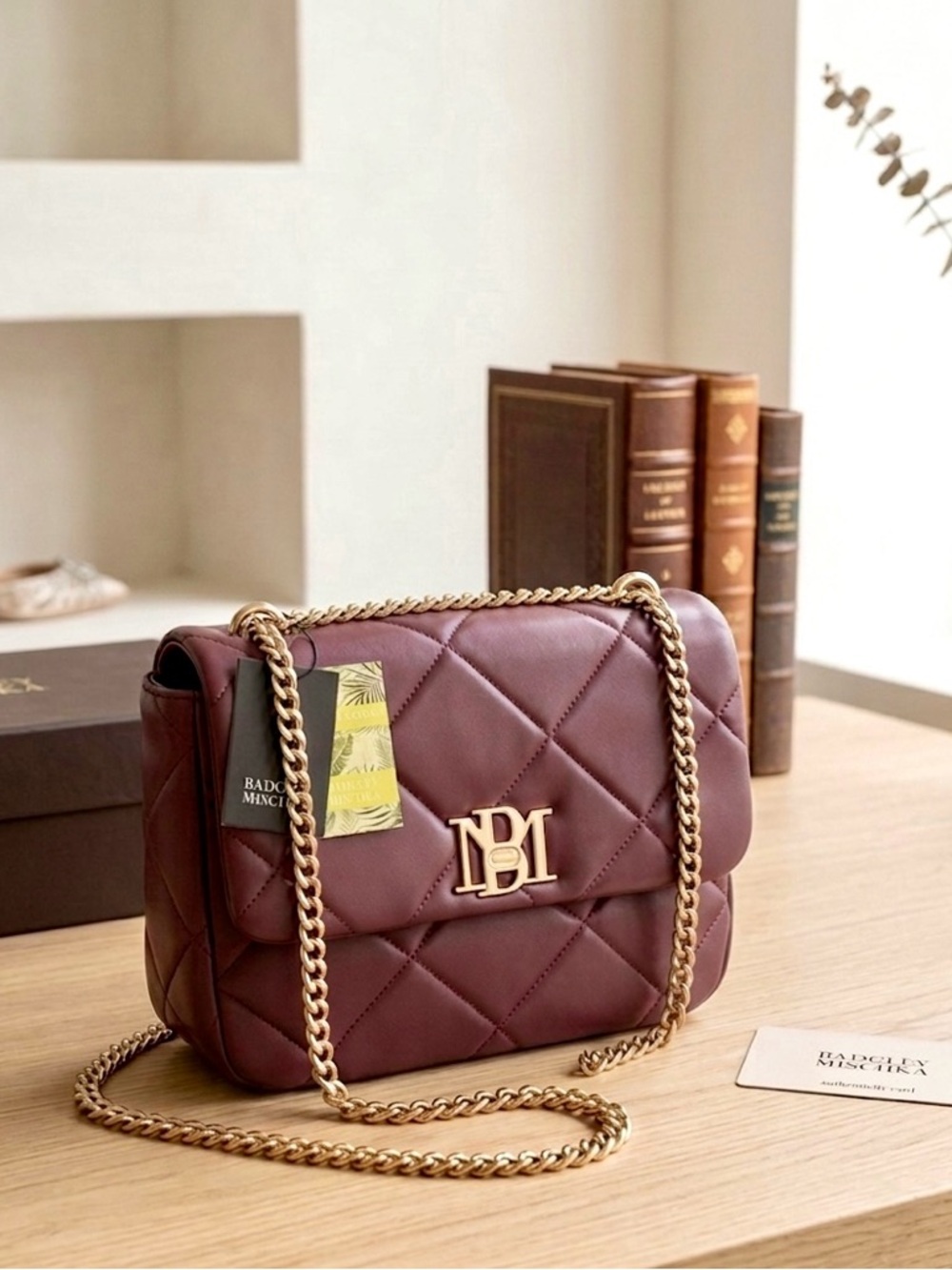 Badgley Mischka Quilted Leather Crossbody Bag in Burgundy - | NWT